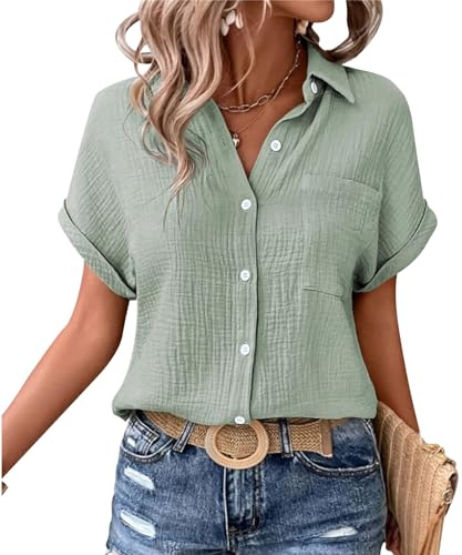 MAGIMODAC Damen Hemdbluse Kurzarm Baumwolle Shirt Hemd Bluse Sommer Freizeit Tshirt Casual Lässige Oberteile mit Knöpfen Hellgrün M