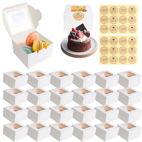 24PCS Cardboard Cake Boxes, 4 inch Cupcake Boxes with Windows and 24 Stickers Paper Bakery Cake Box for Cupcakes Desserts Pastries Cookies Candy Pies Muffin Bakery Macaron Gifts (White)