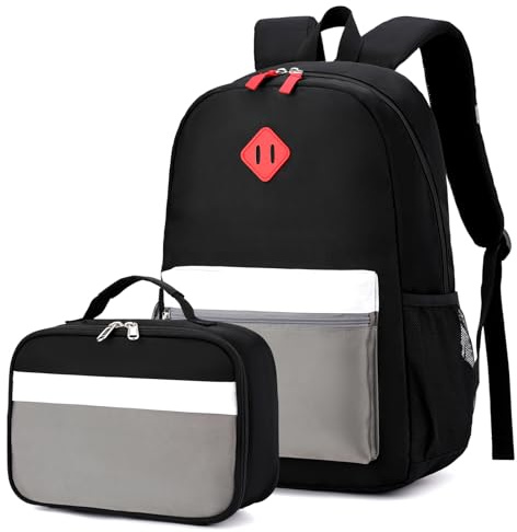 BEFUNIRISE Backpack Set for Girls Boy Kids Backpack with Lunch Box for Elementary Primary Kindergarten School Bag (Black Grey Set, Large)