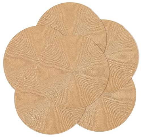 fanquare Manteles Individuales Dorados Juego de 6 Manteles Individuales Tejidos a Mano Salvamanteles Redondos Salvamanteles Lavables Resistentes al Calor para Comedor Cocina Decoración 38cm