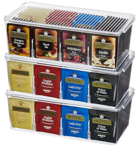 Lifewit Tea Bag Organiser, Teabag Storage Box, Coffee Bag Holder for Kitchen Cabinets, Countertops, Pantry, Coffee Pods, Sugar Packets, Condiments, 3 Pack Plastic Stackable Divided Container