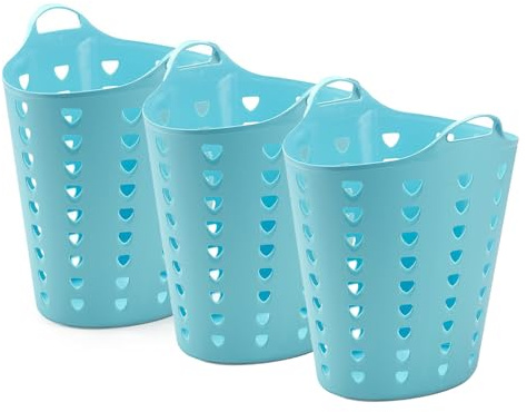 Kreher® flexibler Wäschekorb, Mehrzweckkorb, gelocht in Pink oder Blau. Mit Griffen und Nutzvolumen von ca. 65 Liter pro Korb. (Set und Farbe wählbar) (3er Set Blau)