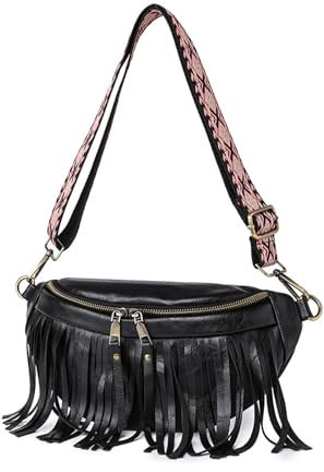 NICOLE & DORIS Kleine Umhängetaschen Damen Retro Schultertaschen PU Leder Satchel Tasche mit Quaste Crossbody Bag Brusttasche Fransentasche Schwarz