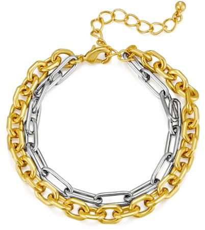 WOWORAMA Pulsera de cadena de eslabones de dos tonos para mujeres y hombres, pulseras de eslabones de clip de oro y plata, pulsera unisex de metal mixto, pulseras de cadena gruesa gruesa, Adjustable