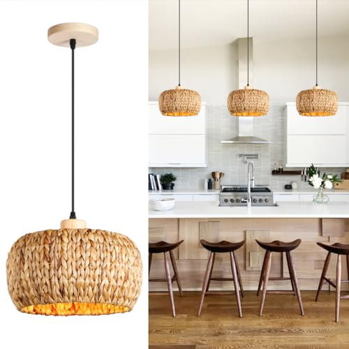 GUANSHAN Lampe suspendue tissée à la main Abat-jour en fenugrec Lampe suspendue en paille naturelle Plafonnier Lustre décoratif pour chambre, salon, salle à manger