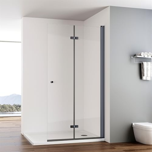 IMPTS walk in Dusche 90x185 cm Schwarz Duschwand Duschabtrennung 2-teilig | Faltbar Duschkabine Rahmenlos 6mm ESG Sicherheitsglas