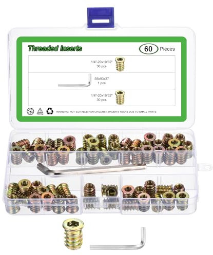 sourcing map 60Pcs 1/4-20x19/32 Threaded Inserts Nuts, Zinc Alloy Hex Socket Drive Screw-in Nut Threaded Inserts with 1Pcs Hex Wrench, Wood Inserts Bolt Assortment Kit for Wood Furniture