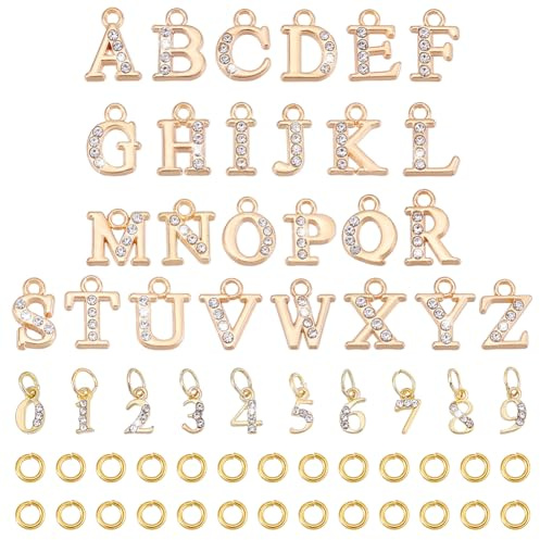 PH PandaHall Anhänger Für Nagelpiercings 26 Stück Buchstaben Nagel Charms 20 Stück Zahlen Nagel Charms Goldene Strass Anhänger Mit 30 Biegering Für Nagelkunst.