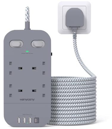 Gray Extension Lead with 4 USB Slots, HANYCONY 3M Extension Cable, 4 Outlets Power Strip with 1800J Surge Protection, Double Switch Plug Extension with 10FT Braided Cord for Home Office Accessories