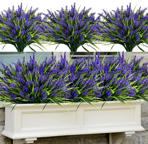 Geegoods Artificial Plants Flowers Outdoor – 48 Bundles UV Resistant Faux Lavender Flowers with Monkey Grass for Garden Porch Window Patio Hanging Planter Decor