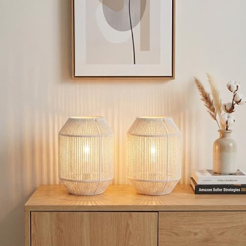 JHY DESIGN 2er-Set gewebte Lampenschirm-Tischlampen 21,6 cm H Baumwollseil Nachttischleuchten kabellos dekorative batteriebetriebene Lampen mit 6-Stunden-Timer für Schlafzimmer Wohnzimmer Hochzeiten