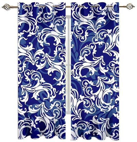 Rideaux Et Draperies Intérieurs 3D Herbe Bouclée Rétro Bleu Foncé Et Blanche Motif Rideau Thermique Isolant Anti Froid pour Salon Et Enfant Chambre 264X214Cm（L X H） Lot De 2 Rideaux Occultants À Oei