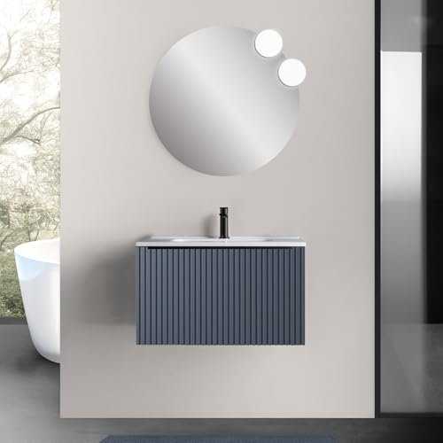 Mobile Da Bagno Sospeso 80 Cm Color Blu Notte Cannettato In MDF Laccato con Vernice Ad Acqua Con Cassetto E Maniglia A Chiusura Rallentata, Specchio Tondo Da ⌀80 Cm E Lavabo In Ceramica Linea Nara