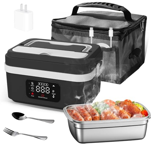 Elektrische Lunchbox mit Akku, 1L Tragbare Elektrische Lunchbox mit Timer und einstellbarer Heizfunktion, Beheizbare Brotdose mit Isoliertasche, Gabel & Löffel für Arbeit Reisen Unterwegs, Schwarzweiß