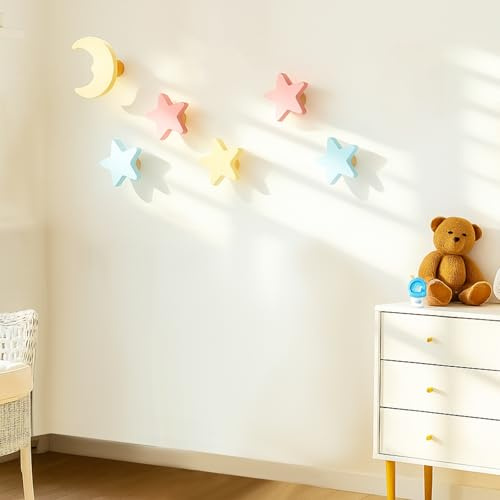 Fiwochic 6 Pcs Kids Coat Hooks Cute Wall Mount Rack Decorative Colorful Wall Rack Wooden Star and Moon Hanger, for Girls Boys Nursery Toddler Room Decor Backpack Hanger Clothes Hat Towel Supplies