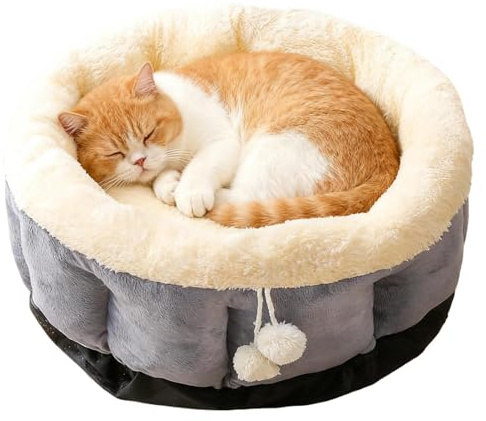 Rundes Katzenbett,Waschbares Beruhigendes Nest,Kleines Katzenbett Plüschkissen | Für Welpen Und Kleine Hunde Haustiere Innenbereich Wohnzimmer Balkon Wohnung Winter Kalte Witterung Weihnachten