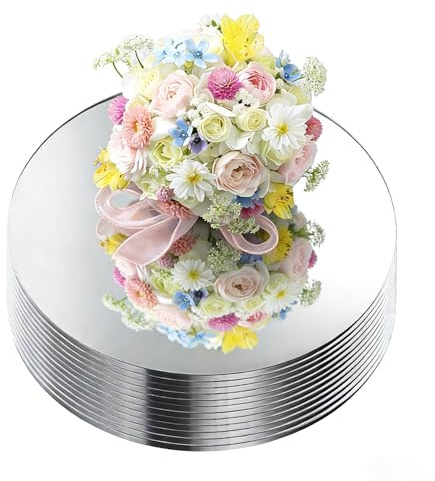 12 Pcs 25cm Round Mirror Plates Trays Centerpieces Decorative Thickness 1.5 mm (Silver)