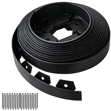 Relaxdays Rasenkante, 10 m x 5 cm, Kunststoff, Flexible Beeteinfassung, 30 Erdanker, Umrandung für Beet & Rasen, schwarz