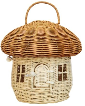 Cestino da picnic rustico, organizer in rattan a forma di fungo, per esterni, in rattan naturale con manico portatile, accessorio decorativo, espositore da cucina, snack per soggiorno