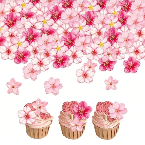 Larfraecy 50 Pcs Edible Peach Blossom Cake Decorations, Wafer Paper Edible Flowers Cupcake Toppers for Birthday Party, Baby Shower & Wedding Pink Dessert Toppers