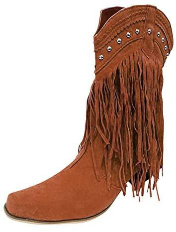 Générique Bottes Mi-Mollet Talon Rétro Gland Frange Décontractées pour Femmes Chunky Style Tendance avec Semelle Confortable