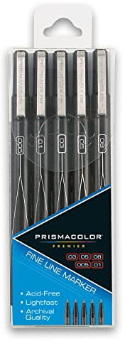 Prismacolor 14171 Premier Fine Line Illustration Markers, Assorted Fine Tips, Black, 5-Count