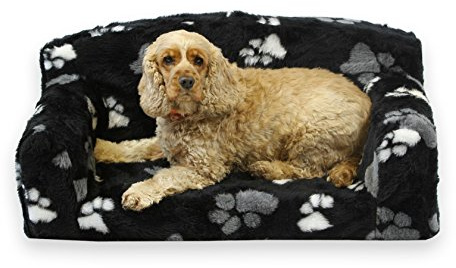 Fur Paws – Faux Fur Pet Sofa. Nice Pet Settee. Very Soft Dog bed. Removable cover for animal Couch. Inner material is high grade foam. UK MANUFACTURER (Black with paws, Small 82 x 46 x 34cm)
