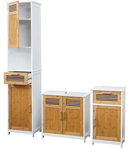 Mendler Badezimmerset HWC-A85 Bambus, weiß | Hochschrank, Waschbeckenunterschank, Kommode