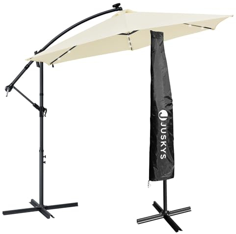 Juskys Brazil 350 cm illuminazione LED solare e manovella - protezione UV idrorepellente pieghevole - ombrellone da mercato - grigio/crema