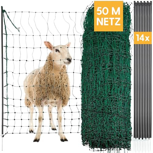 Agrarzone fårnät fårstaket med el grön 50m x 90cm | Elstängselnät med dubbelpunkt och stolpar | Skyddstaket för fårgettslamm | Elektriskt staket fjäderfä staket get staket får staket | Elektriskt staket, dubbel spets, får, getter, lamm, fjäderfänät