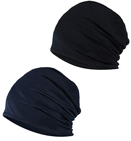 YOFASEN Slouchy Beanie mössa – Chemo Cancer huvudbonad av bomull, sovmössa, turban, huvudbonad, stretch, muslimsk huvudduk för kvinnor och män, Svart + marinblå, one size