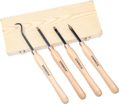 VINWOX 13.5 4 PCS Carbide Wood Lathe Turning Tool Set, Pen Turning tool, Including Swan Neck Hollower, Rougher, Finisher, Detailer, Titanium Coated Carbide Blades 2X Service Life, Beech Wood Handle