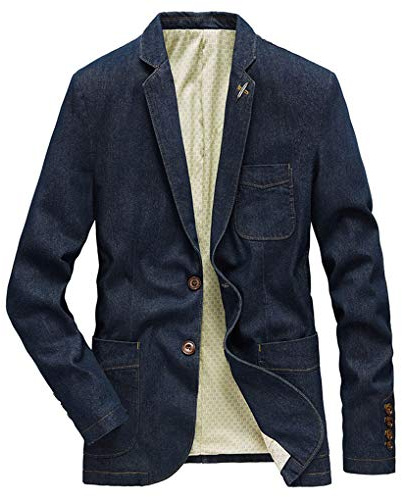 ebossy Men's Casual Slim Denim Blazer Two Button Business Suit Jacket Sport Coat (Large, Retro Blue)