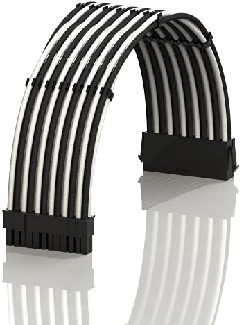 LINKUP - AVA 30cm ATX 24 Pin (20+4) Motherboard PSU Braided Sleeved Power Supply Extension Cable w/Combs | Strong & Stiff Design | Single Pack | 300mm - WhiteBlack