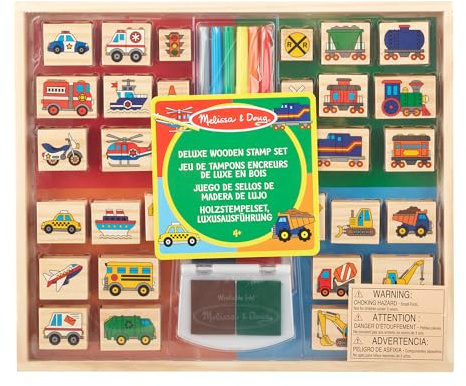 Melissa & Doug - Deluxe Holz-Stempelset Fahrzeuge, 38-teilig, Mit Buntstiften und Stempelkissen, Für Kinder ab 4 Jahren