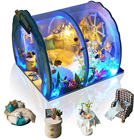 Cuteefun DIY Miniatur Puppenhaus Kit mit LED Licht (Worte des Meeres) | für Erwachsene Jugendliche, Miniatur Haus mit Möbeln und Werkzeugen Selber Bauen Kreative Bastelgeschenkidee