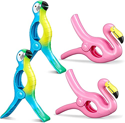 Beach Towel Clips, 4 Pcs Large Laundry Clip Clothes Pegs for Washing Line, Flamingo Beach Towel Clip for Sunbeds, Sun Loungers, Pool Chairs, Laundry (Flamingo + Parrot 4 Pcs)