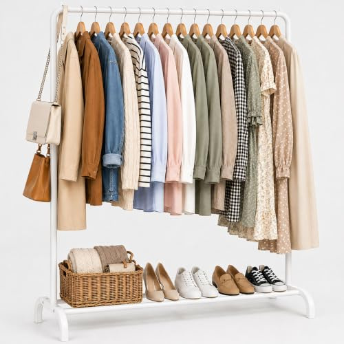 Vivo Technologies Metal Clothes Rail Stand with Hanging Rail and Storage Shelf, Clothes Rack Clothing Rails for Bedroom White