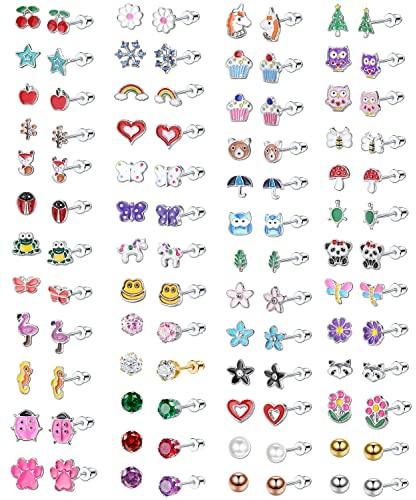MILACOLATO 51Paires Petites Boucles d'Oreilles Pour Fille Enfant avec Poste Acier Inoxydable, Mignons Animaux Colorés CZ Fleur Fruits Perles Lot Bijoux Cadeaux