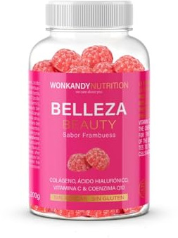 Belleza. 50 Gominolas de Colágeno + Ácido Hialurónico, Vitamina C y Coenzima Q10. Sabor Frambuesa. Sin Gluten y Sin Azúcar. Antiedad y Nutrición de la piel. Wonkandy Nutrition.