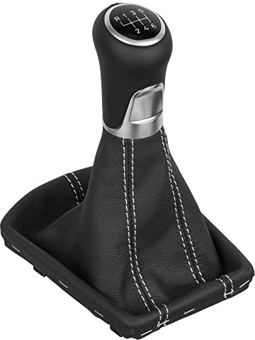 ICT Schaltknauf Schalthebel Schaltsack Schaltmanschette Leder Naht silber kompatibel mit: VW Golf 8 Ersatzteil (6-gang 07, LED weiß)
