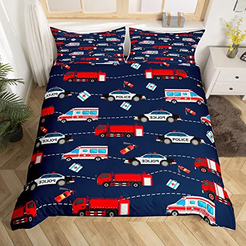 Homemissing Set di biancheria da letto con copripiumino a tema auto dei cartoni animati, decorazione con auto della polizia, copripiumino con veicoli di emergenza, copriletto per bambini, ragazzi e