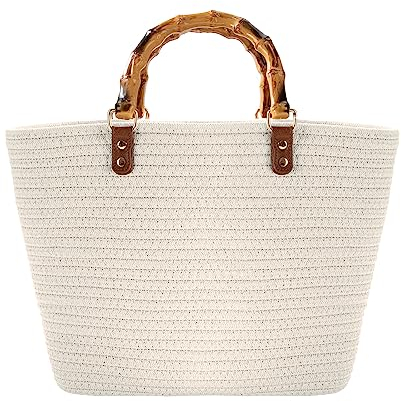 MengH-SHOP Handtasche Große Sommer Strandtasche Handgewebte Shopper Tasche mit Griff Frauen Henkeltasche für Damen Reisen und Urlaub, Beige