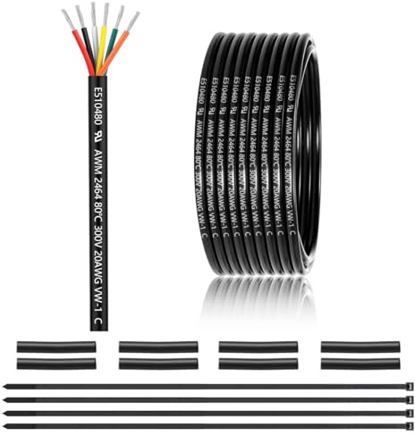 20 Gauge 6 Conductor Electrical Wire 25FT, UL 2464 20 AWG 6 Wire Cable Tinned Copper PVC Stranded 20/6 Core Wire for LED Lighting, Outdoor Low Voltage Extension Cable, Automotive etc.