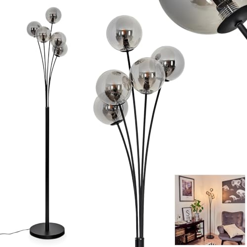 Stehleuchte Bernado, dimmbare Stehlampe aus Metall/Glas in Schwarz/Rauchfarben, Standleuchte mit Glaskugeln (Ø 12 cm), Höhe 174,5 cm, stufenlos dimmbar über Fußschalter, 5 x G9, ohne Leuchtmittel