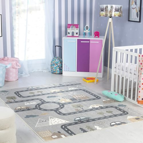 Livabliss Route et Véhicules Chambre Enfant Gris, Noir, Brun - Enfant Poil Court Coloré et Doux pour Chambres à Coucher, Salle de Jeu - Carpette Chambre Fille, Garçon, Bébé - 120x170 cm