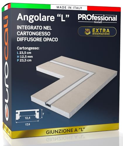 Eurocali Profilo Alluminio per Strisce LED Integrato nel Cartongesso - Forma L - spessore 12,5mm - Facile da Montare con Gomma di Protezione per Stuccatura