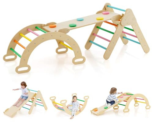 COSTWAY 7 en 1 Triángulo de Escalada de Madera para Niños, Juego de Escalada con Triángulo, Arco, Rampa para Deslizarse o Escalar, Set de Escalada Montessori para Niños 1+ Año (Multicolor)