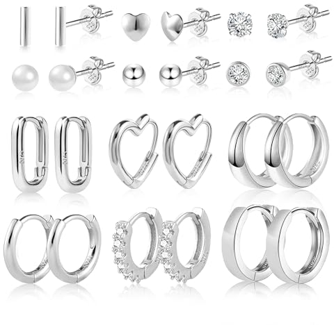 ASH'S CHOICE Silber 925 Ohrringe Set, 12 Paar Multipack Silber 925 Creolen Ohrstecker Kleine Set, Glitz Creolen Eckig Oval Herz Kleine Ohrstecker mit Zirkon Strass Ohrringe Silber für Damen