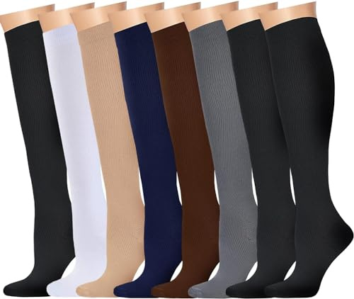 8 Pares Calcetines de Compresión (15-20 mmhg) Hombres Mujeres Soporte Medias Compresión para Atletismo Running Enfermeras Viajes Vuelo Varices